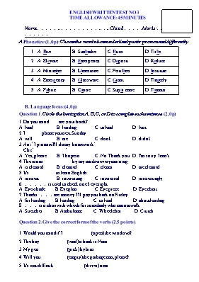 Đề kiểm tra 1 tiết số 3 môn Tiếng Anh Lớp 8 (Thí điểm) - Năm học 2016-2017 (Có đáp án)